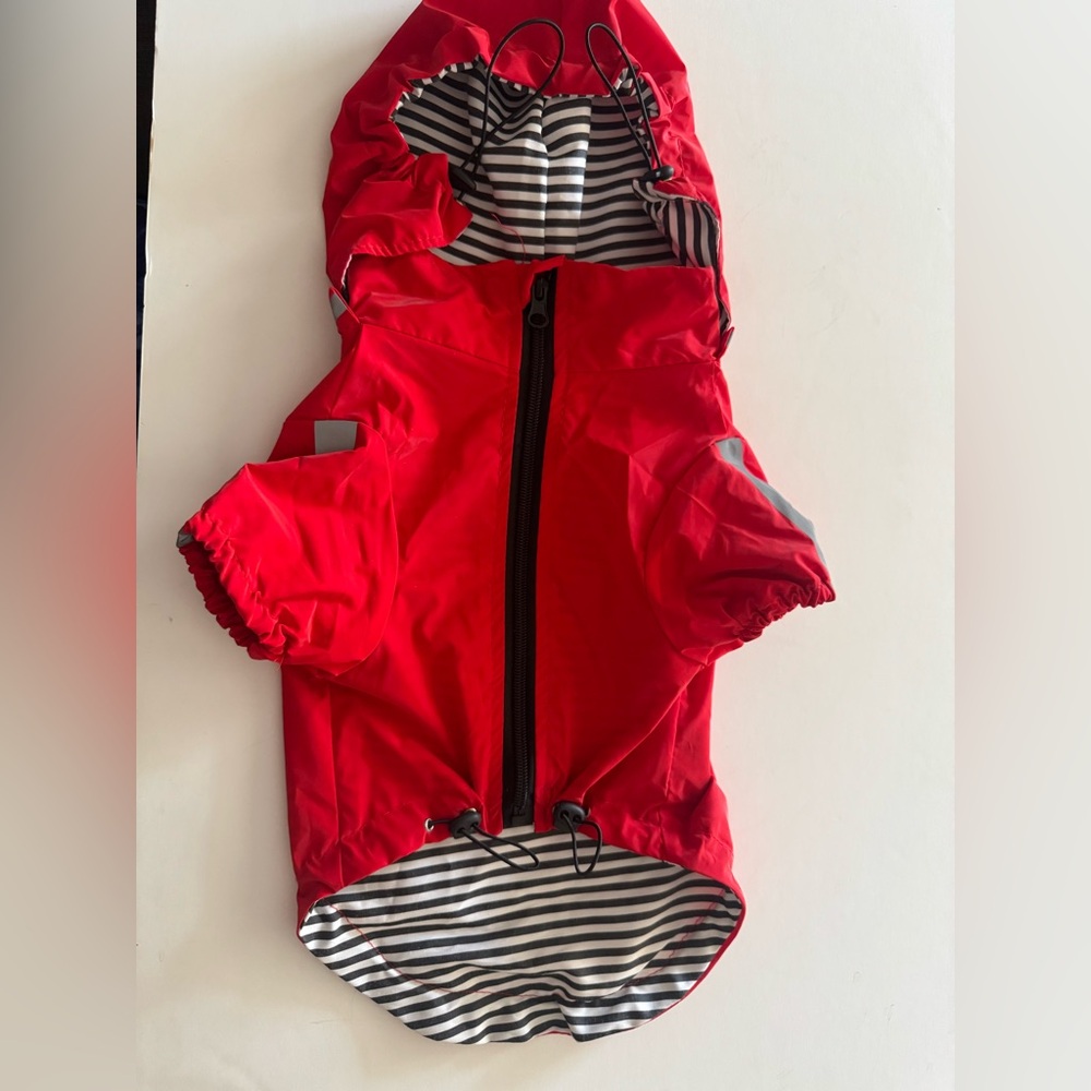 NWT Dog Raincoat with Detachable Hood - Reflective Strips, Red w/Navy & White L